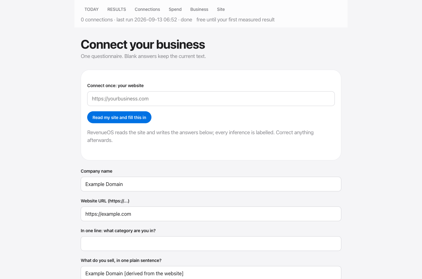 RevenueOS: connect once by pasting your website