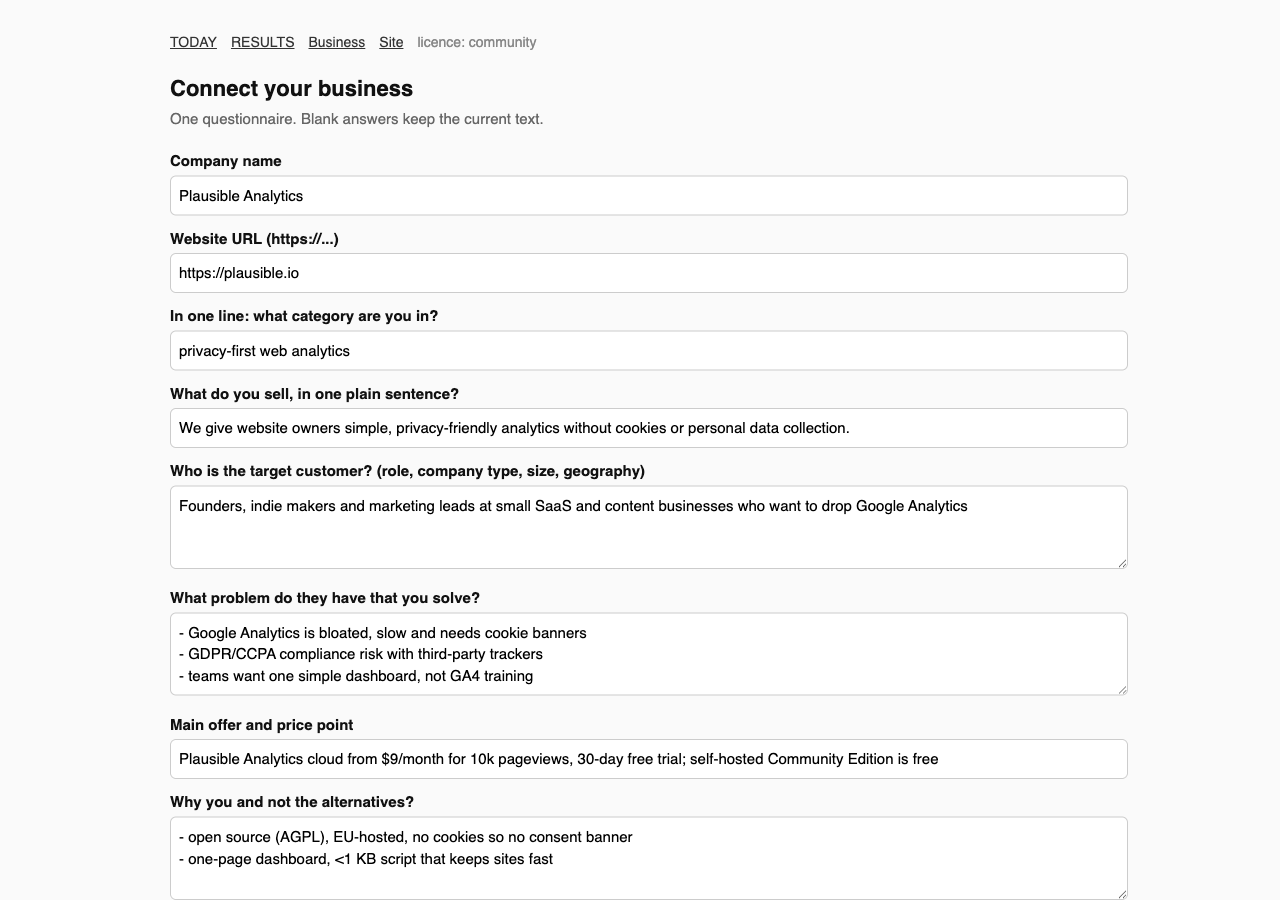 RevenueOS onboarding screen: the questionnaire that connects a business, showing fields for company, website, competitors and channels
