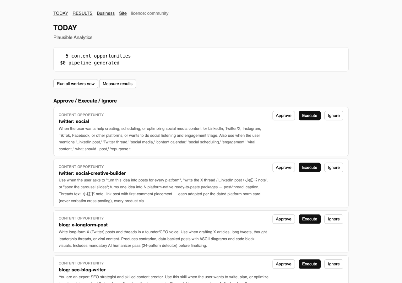 RevenueOS today brief screen listing six content opportunities found for Plausible Analytics, each with Approve, Execute and Ignore controls